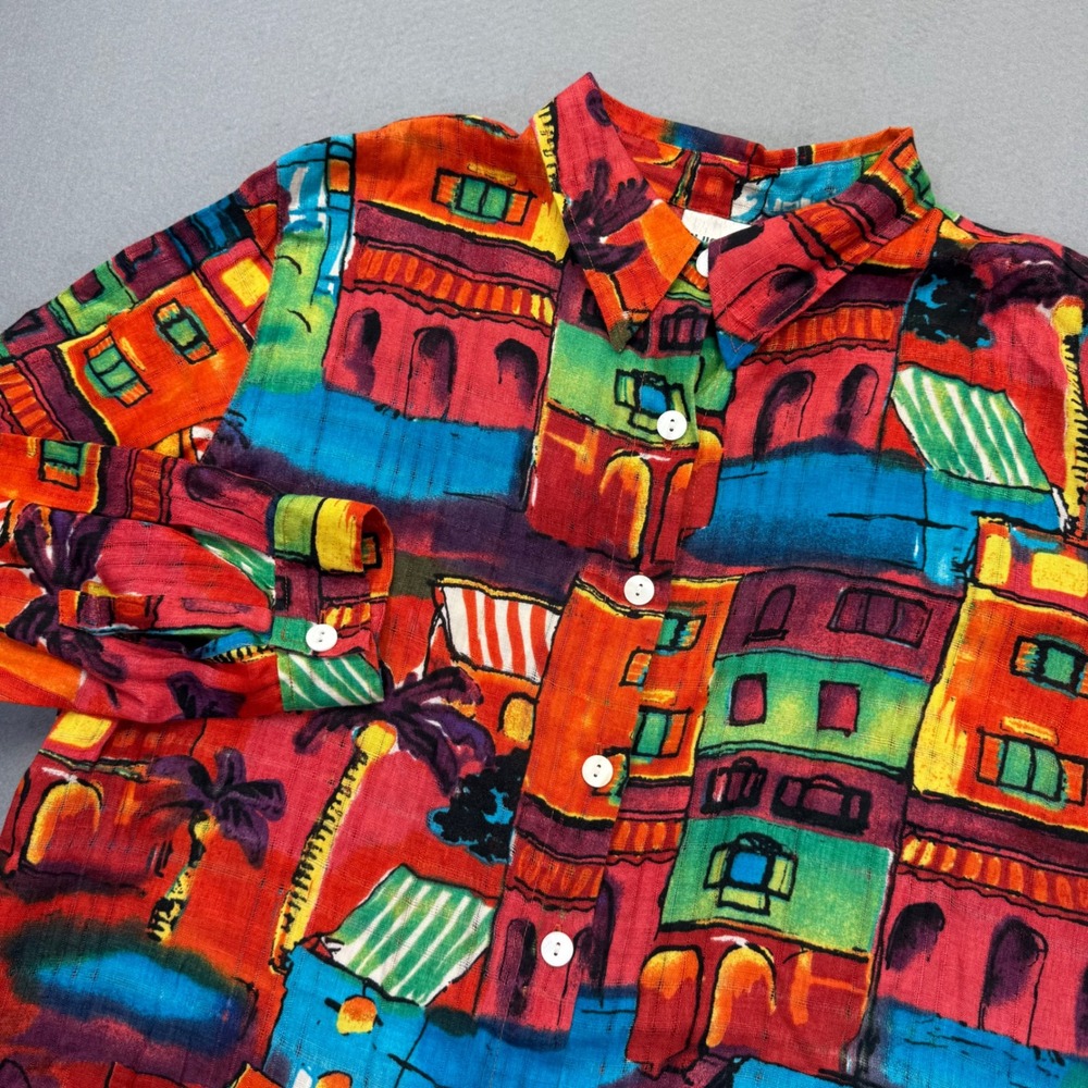 Chicos Womens Size 3 XL 100% Linen Tropical Village Button Down Shirt Multi